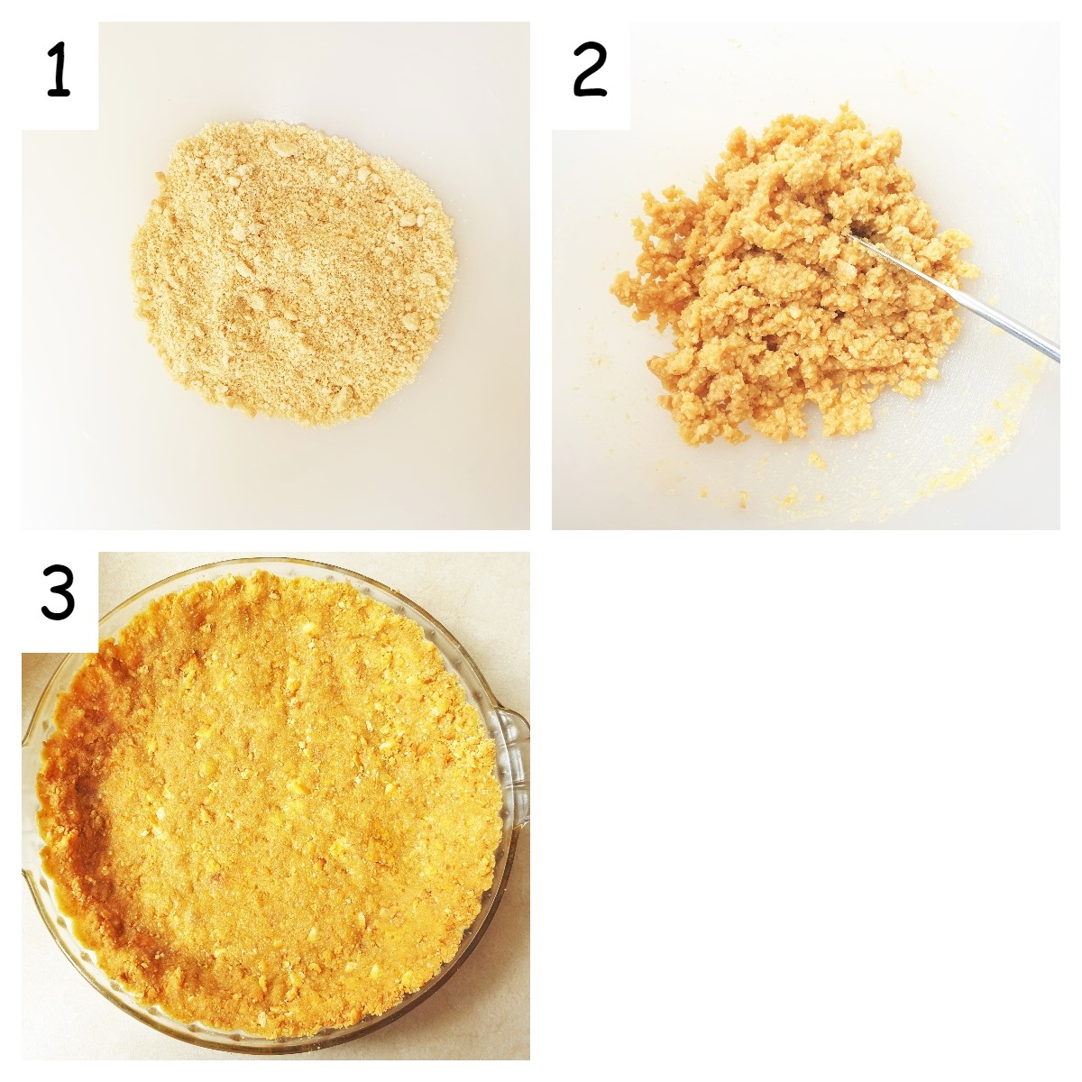 Collage of three images showing the steps for making the biscuit crust for the lemon meringue pie.