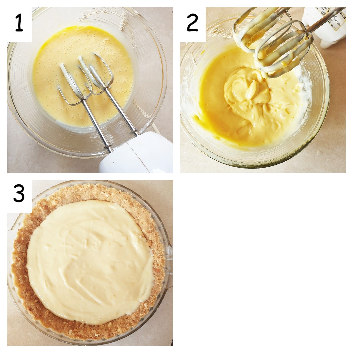 Collage of 3 images showing steps for making the lemon filling, and pouring it into the crust.