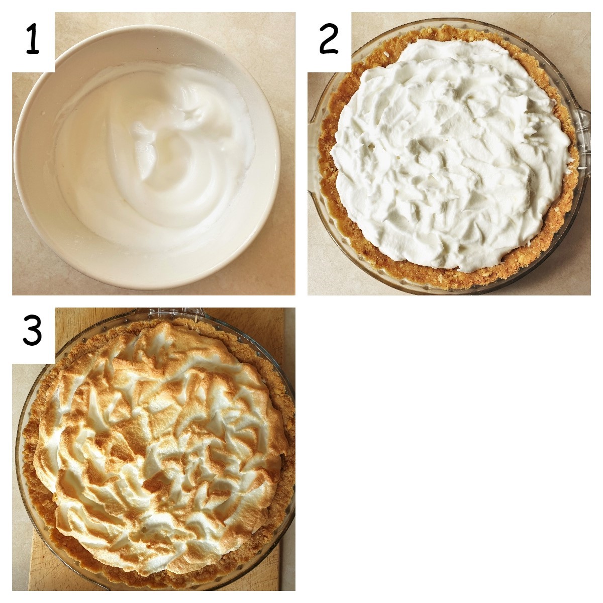 Collage of three images showing the meringue topping being added to the pie and browned in the oven.