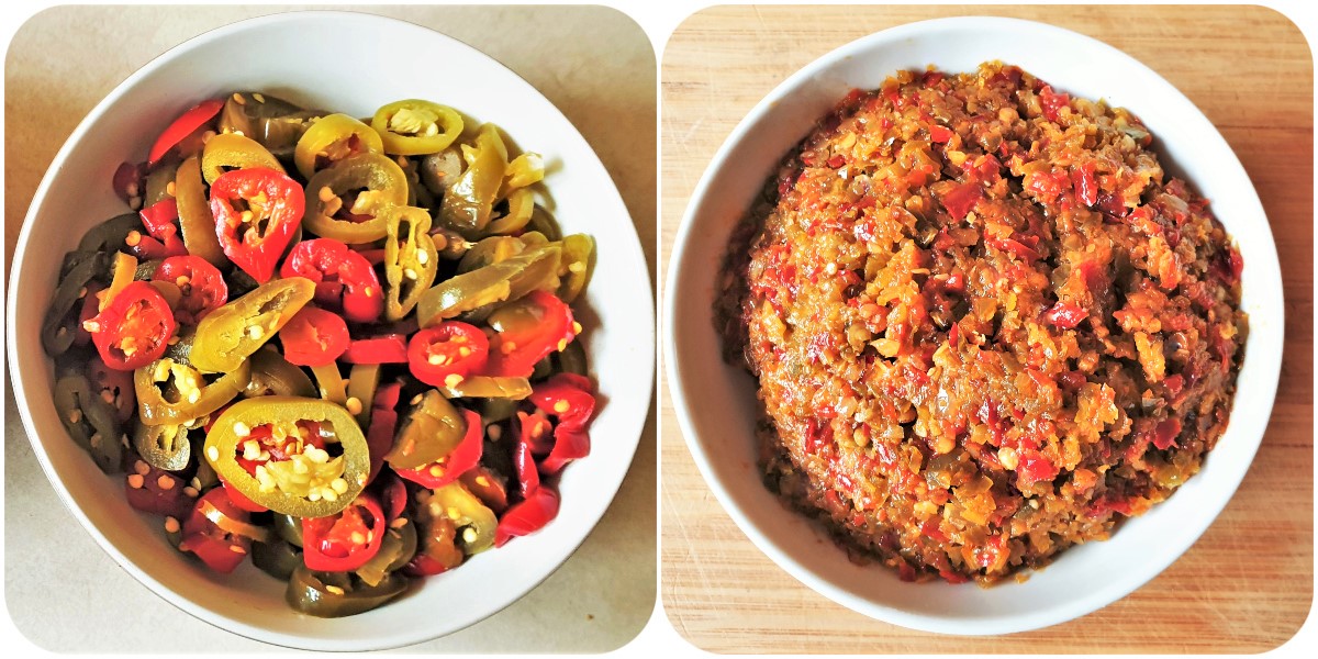 2 images showing a bowl of jalapeno peppers and a bowl of jalapeno chili paste.