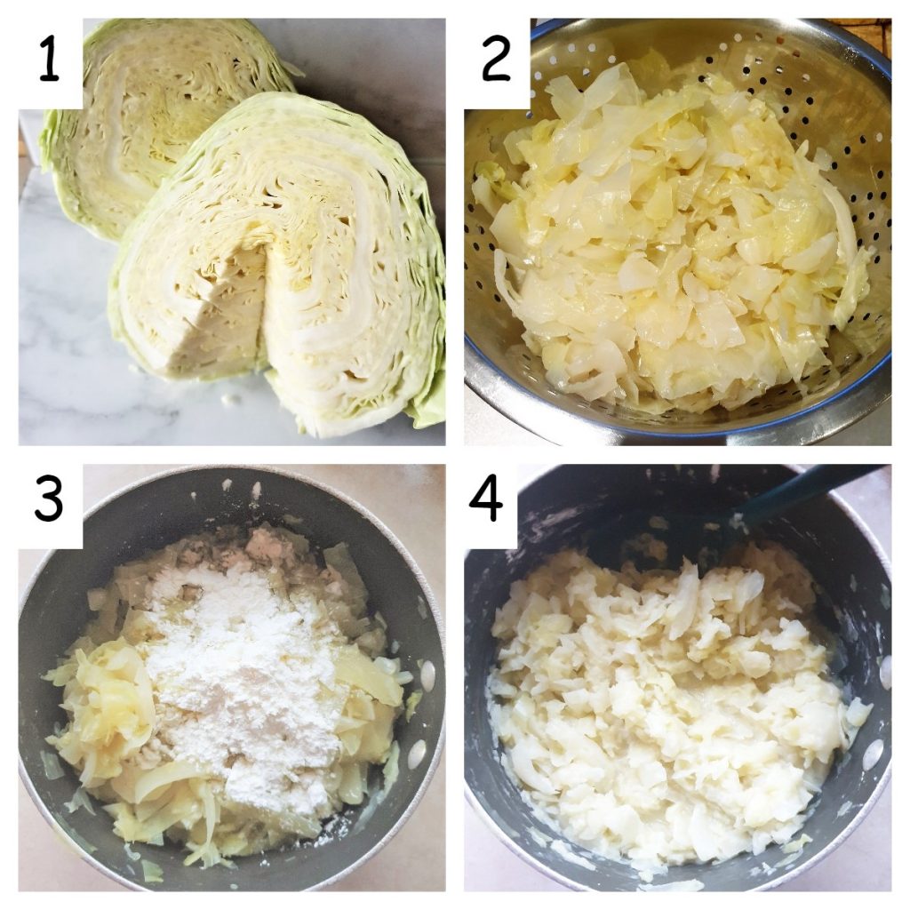 A collage of 4 images showing how to shred and boil the cabbage.