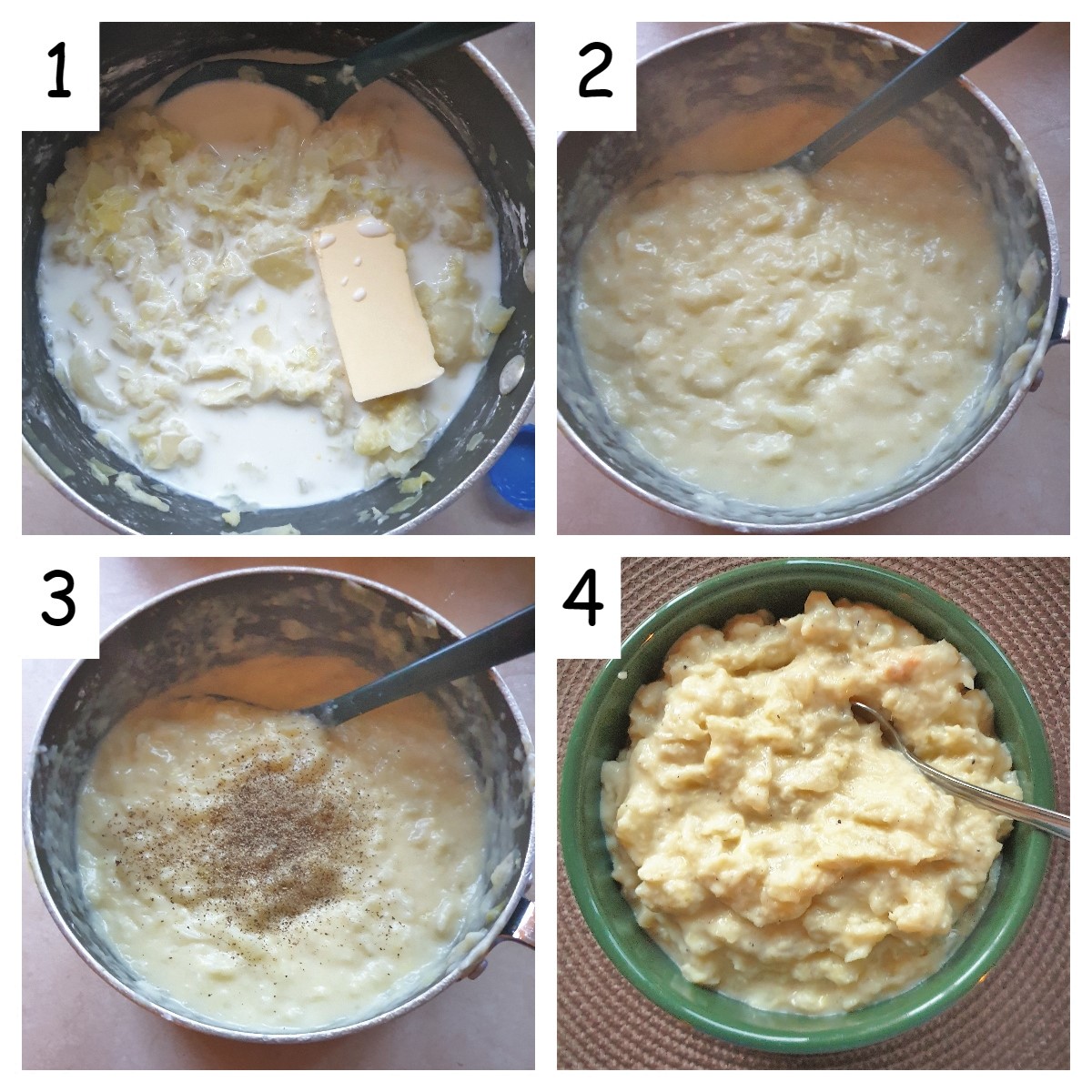 A collage of 4 images showing the steps for making the sauce for the cabbage.