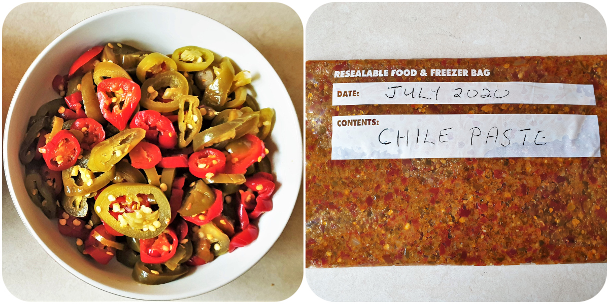 2 images showing a bowl of jalapeno peppers and a packet of peppers ready for freezing.