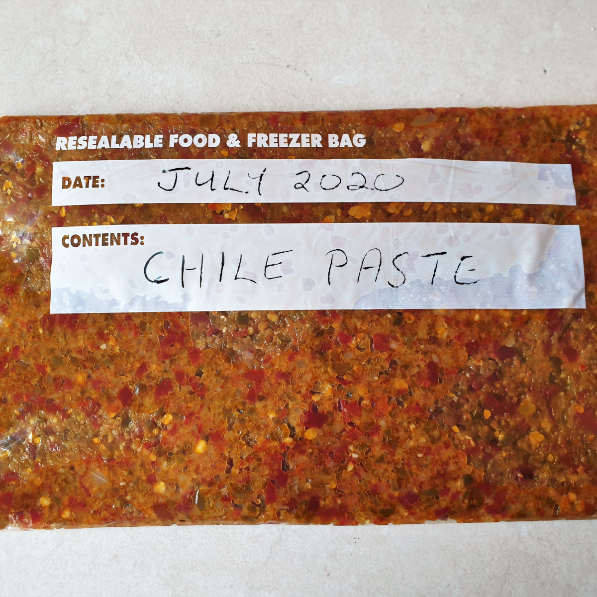 A packet of jalapeno chili paste ready for the freezer.