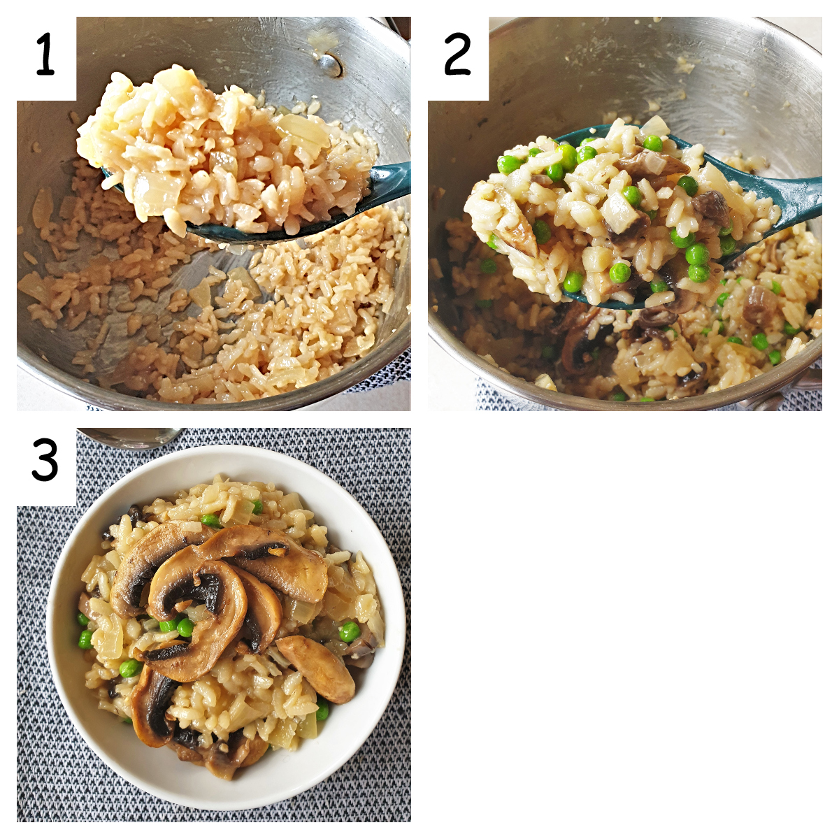 A collage of 3 images showing the texture of the cooked rice, and the finished dish once the mushrooms and peas have been added.