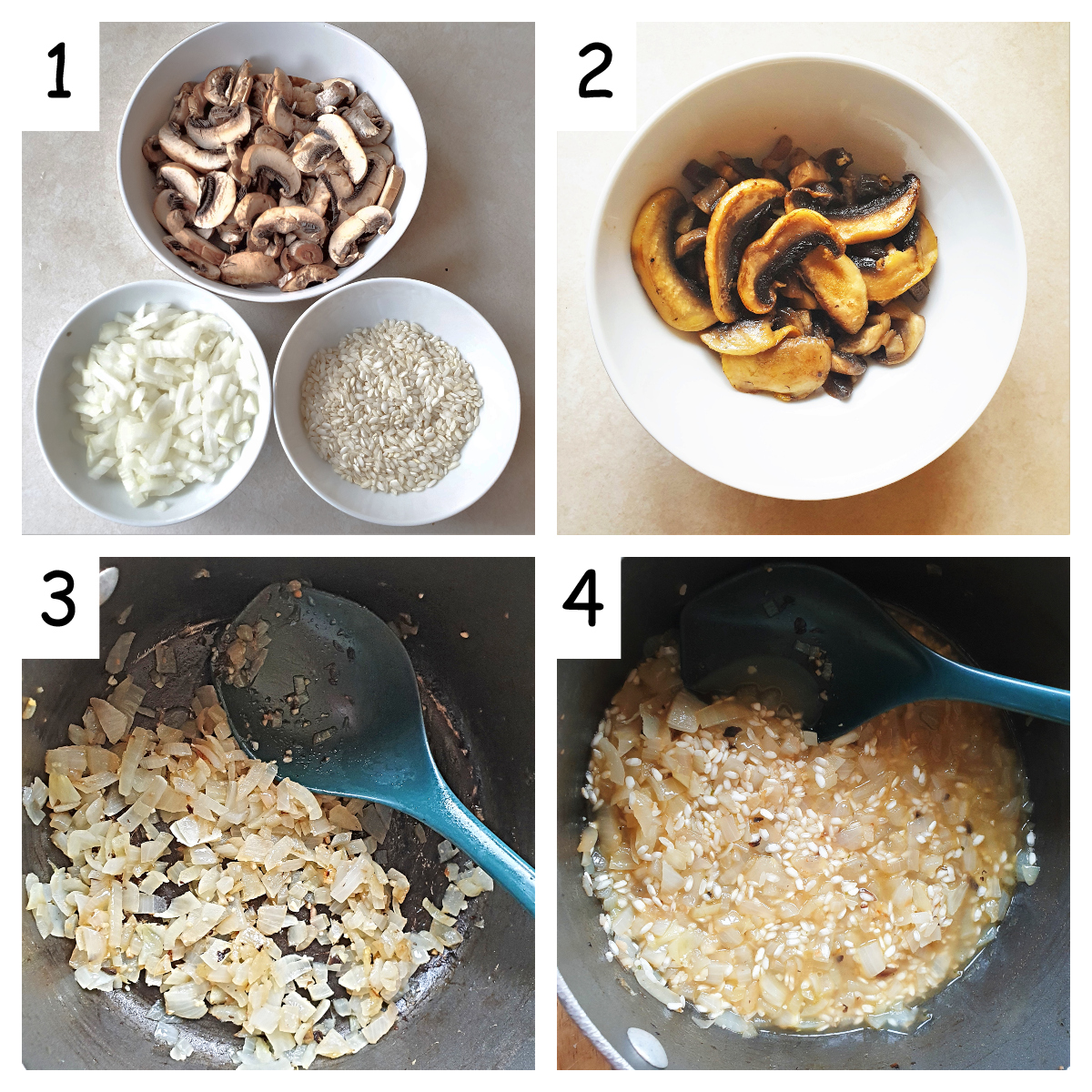 A collage of 4 images showing how to chop the onions and mushrooms and how to fry them with the rice.