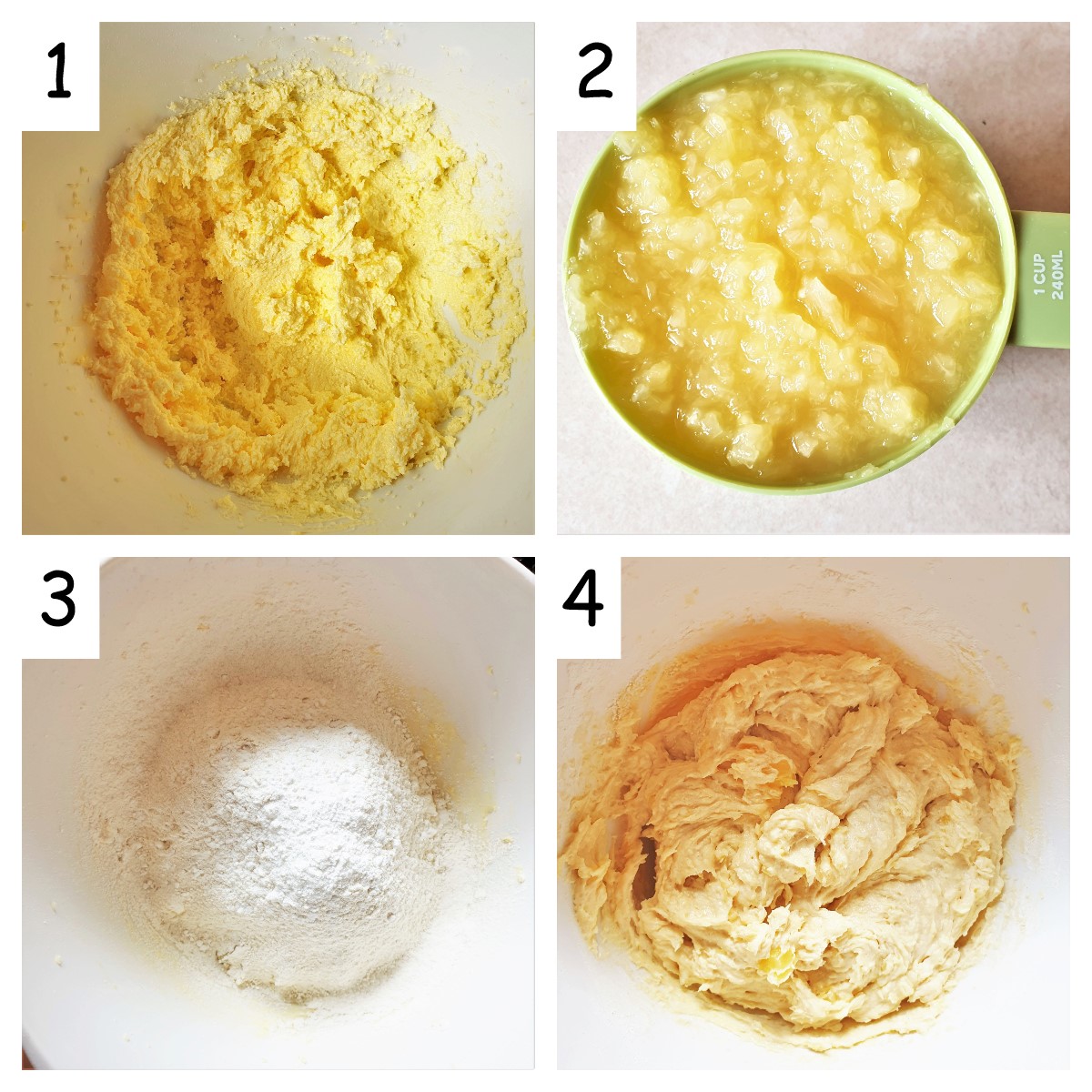 A collage of 4 images showing how to mix the pineapple coconut cake.