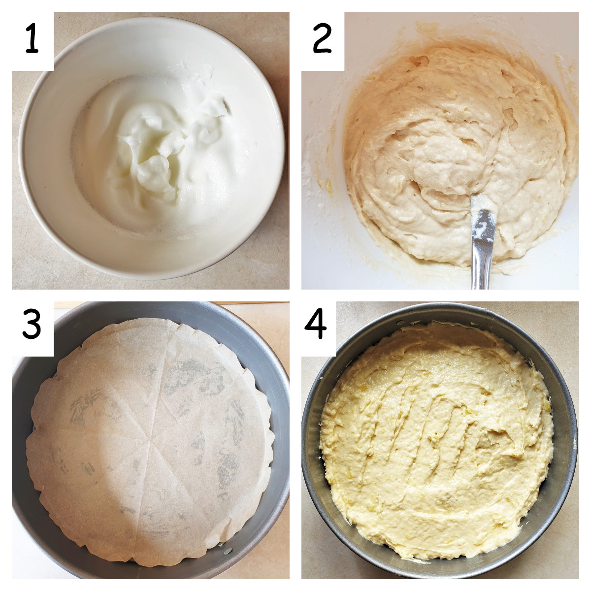 A collage of 4 images showing how to mix in the egg whites, and also how to line the baking tin.