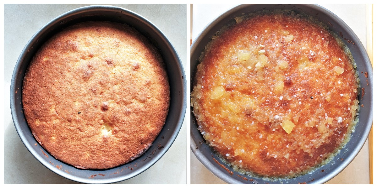 Two images showing the baked pineapple cake before and after the pineapple sauce is poured over it.