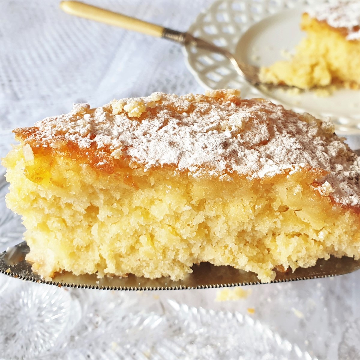 A closeup of the pineapple coconut cake showing the texture.