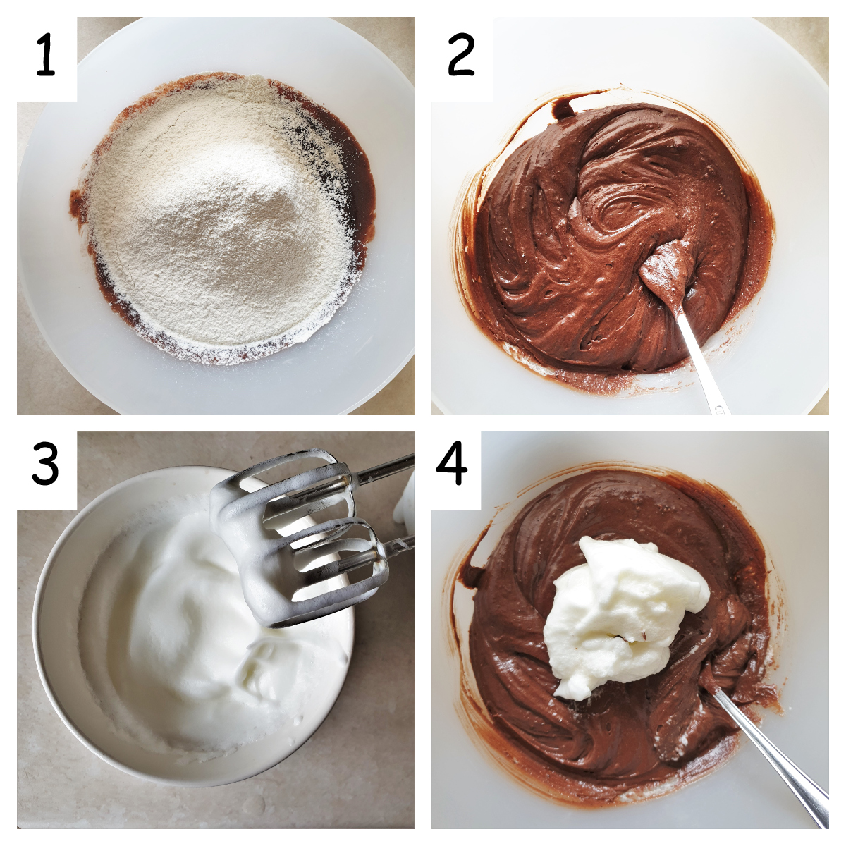 Collage of 4 images showing the flour and beaten egg white being added to the cake.