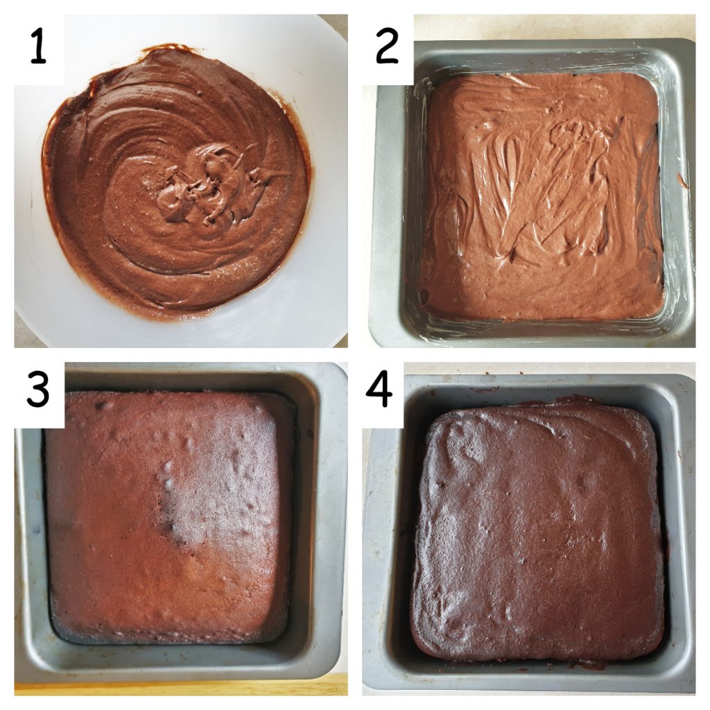 Collage of 4 images showing the steps to bake and frost the cake.