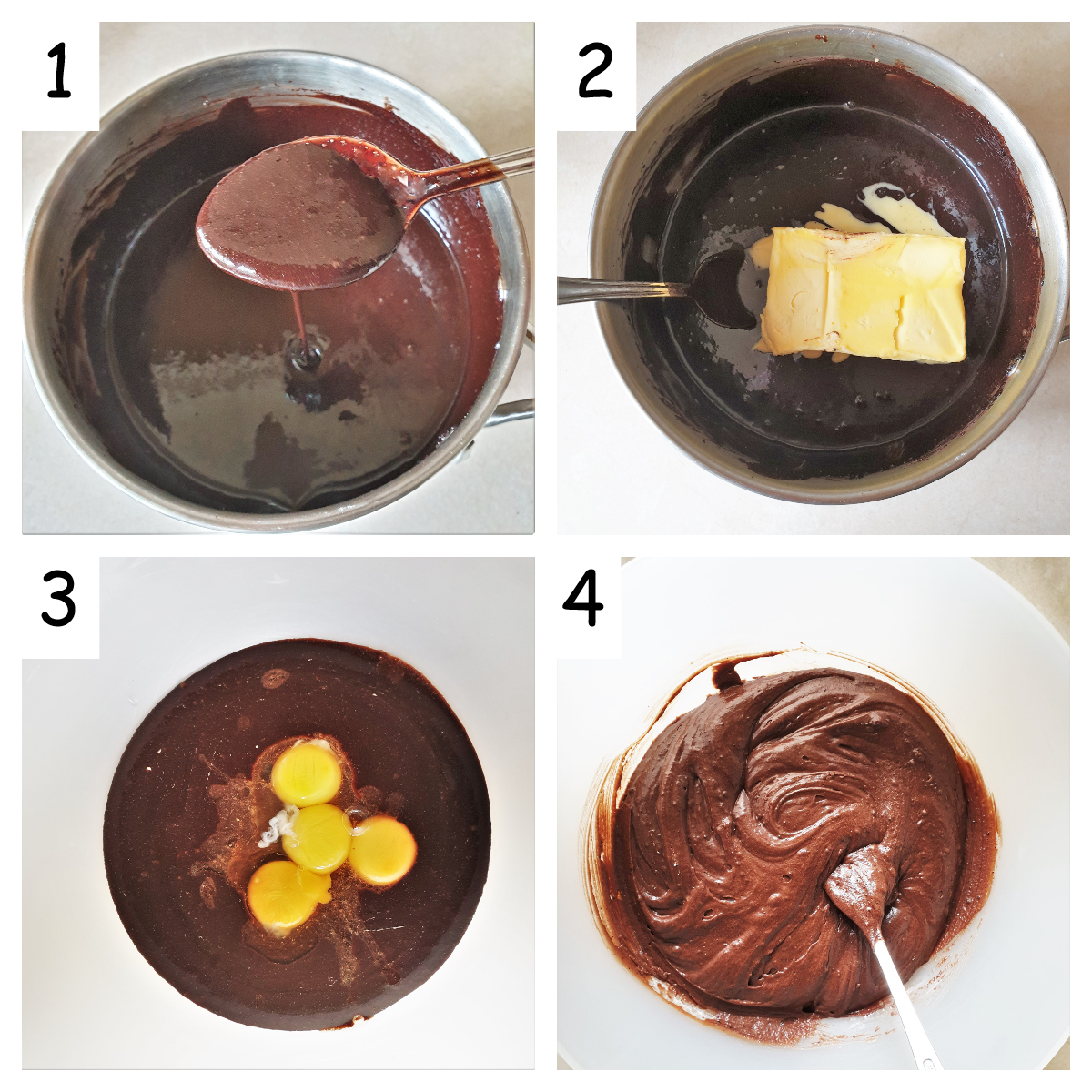Collage of 4 images showing the cocoa and butter being melted and the eggs being added.