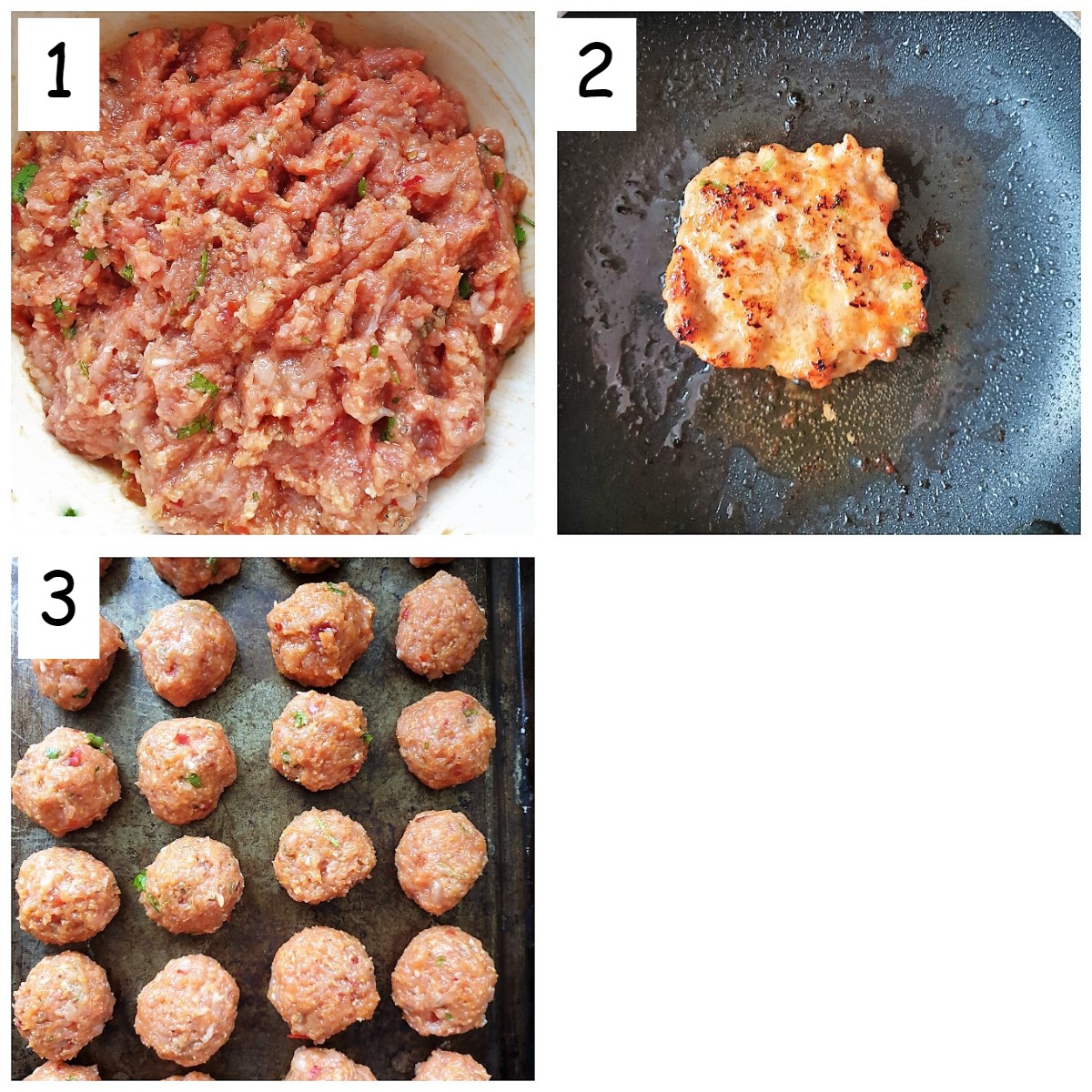 Steps for mixing and shaping the Thai meatballs