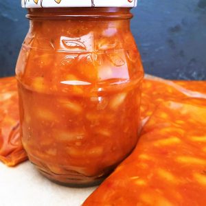 A jar of homemade baked beans.