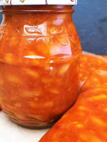 A jar of homemade baked beans.