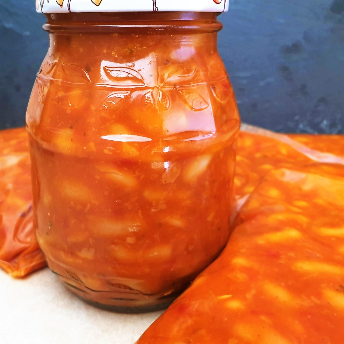 A jar of homemade baked beans