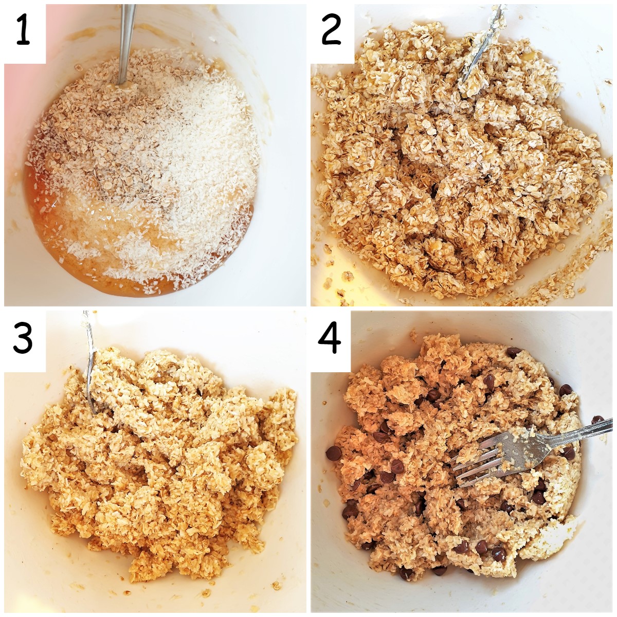 A collage of 4 images showing steps for mixing banana oat cakes