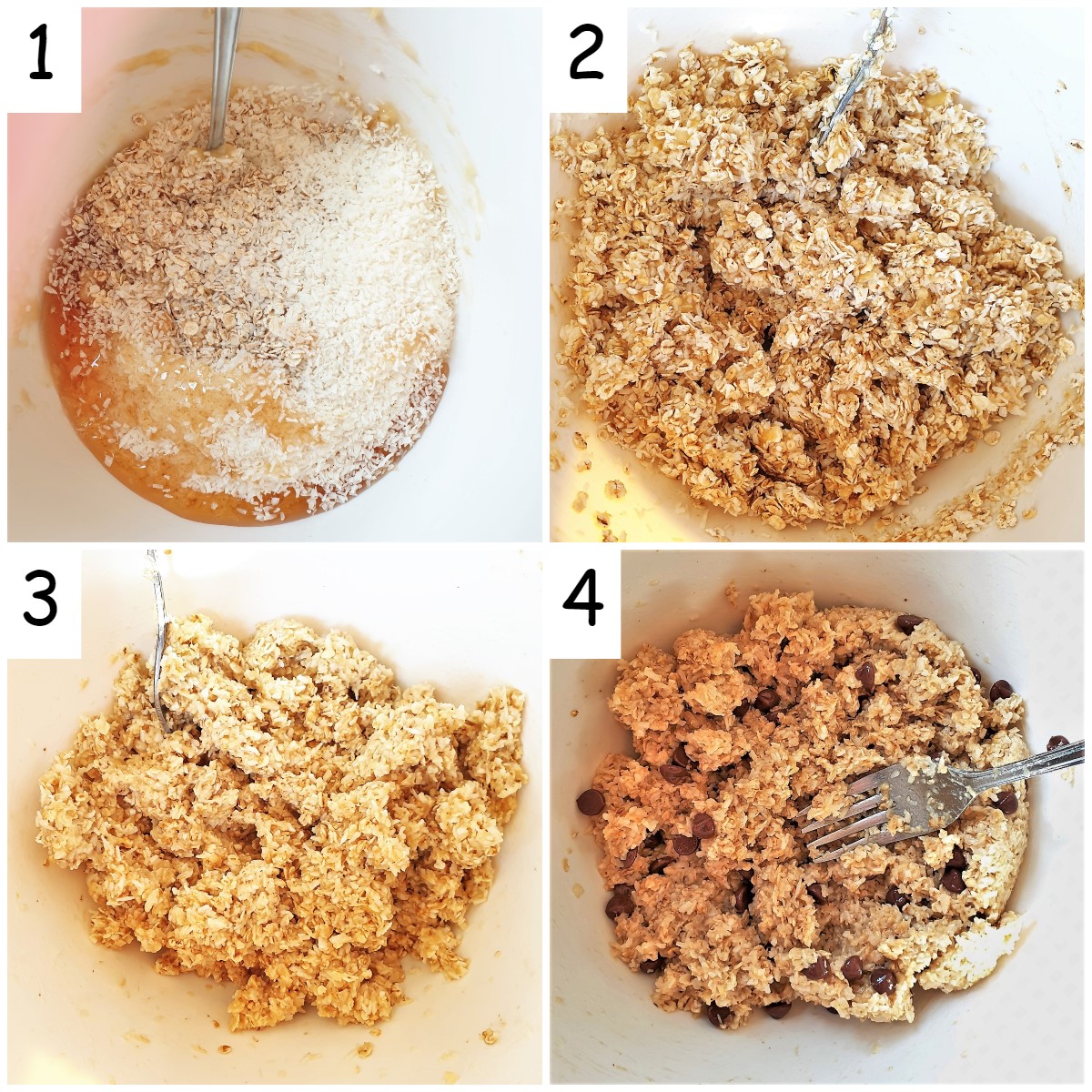 A collage of 4 images showing steps for mixing banana oat cakes