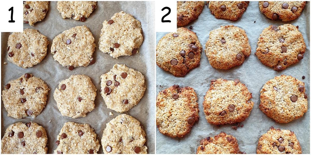 Two trays of banana oat cakes, one with unbaked biscuits and the other with the baked biscuits.