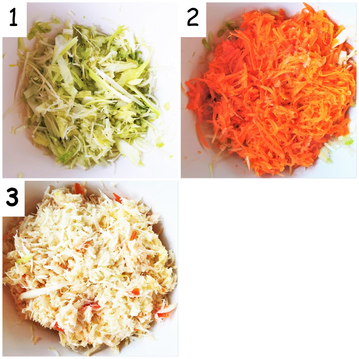 Three images showing shredded and grated vegetables.