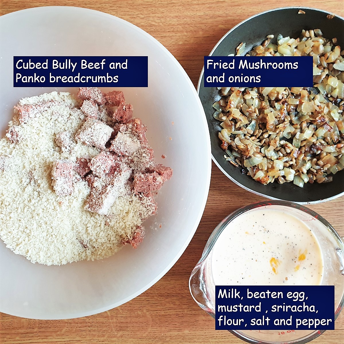 Ingredients for a crustless bully beef tart.