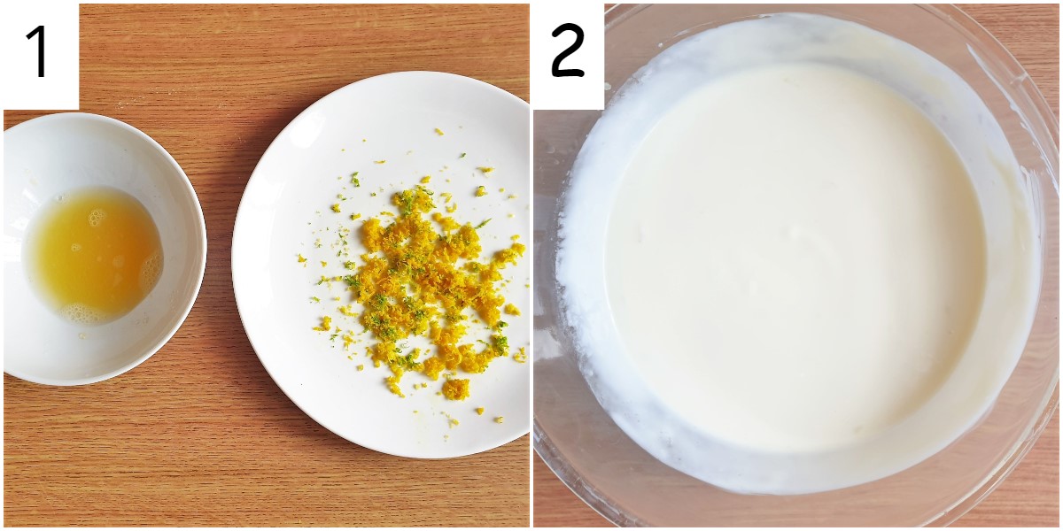 Two images showing juice and jest of  the citrus fruit, and also the yoghurt and condensed milk in a bowl.