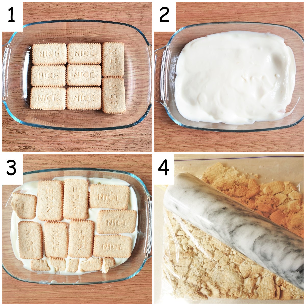 4 images showing steps for assembling the cheesecake.