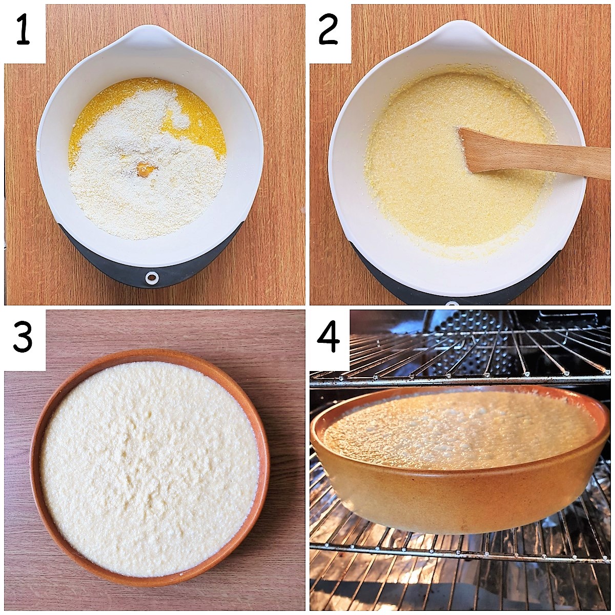 Collage of 4 images showing steps for mixing a coconut pie.