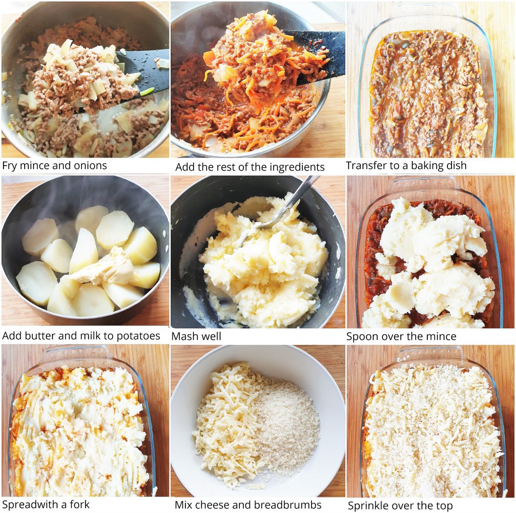 A collage of 9 images showing process steps for making a cottage pie.