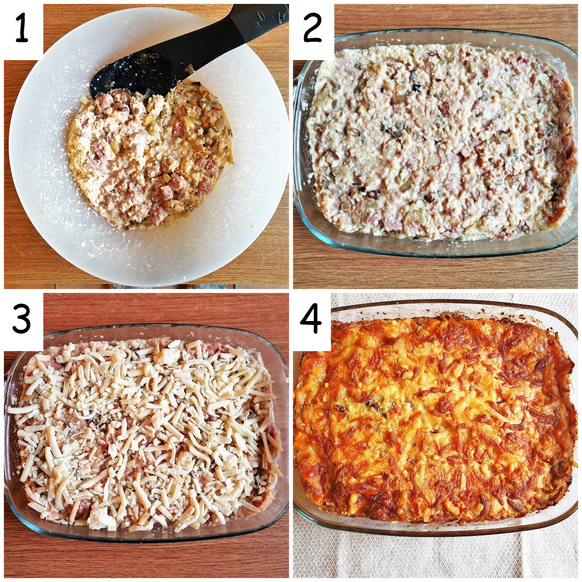 4 images showing steps for mixing a bully beef quiche.