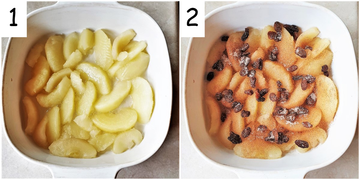 Two images showing a dish of apple slices, and the dish of apple slices covered with cinnamon sugar and sultanas.