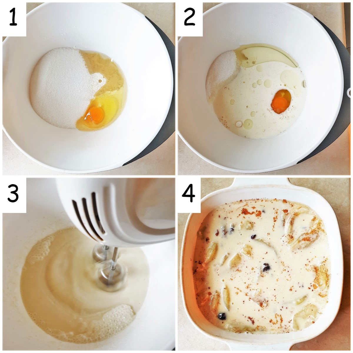 4 images showing steps for mixing the apple cake batter.