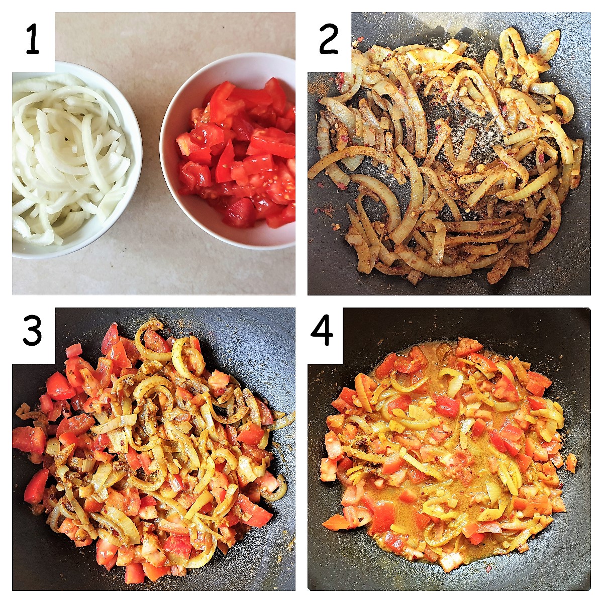 A collage of 4 images showing how to make a curry sauce for fish.