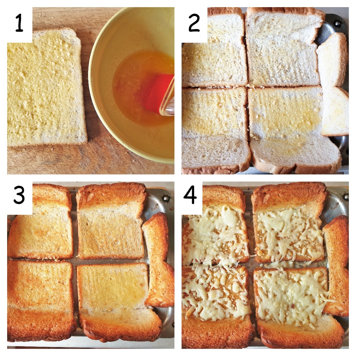 A collage of 4 images showing the garlic bread crust being prepared.