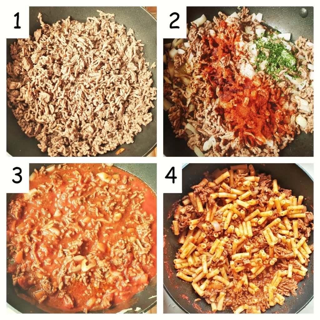 A collage of 4 images showing the meat sauce being prepared.