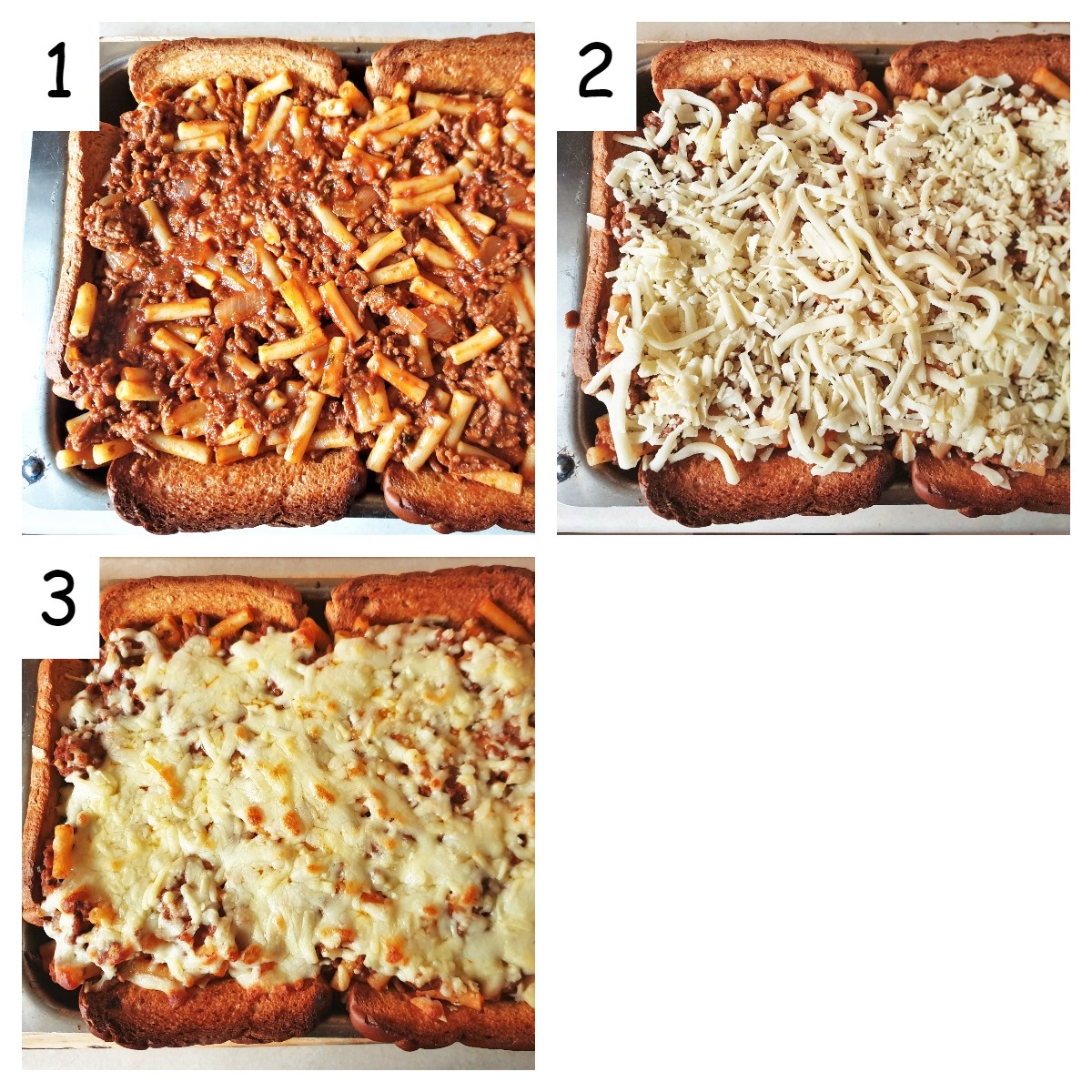 Collage of 3 images showing the garlic bread pasta pie being assembled.