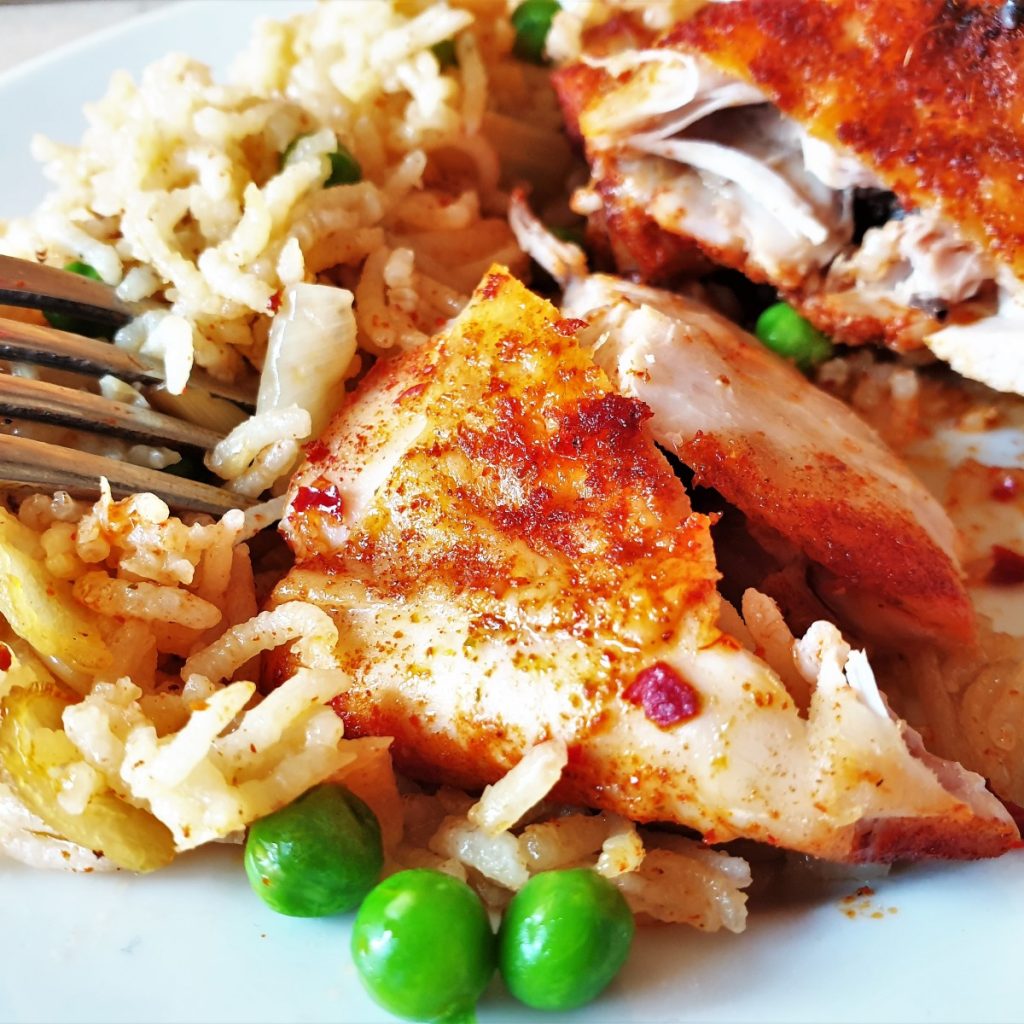 Garlic chicken traybake with rice a onepan meal Foodle Club
