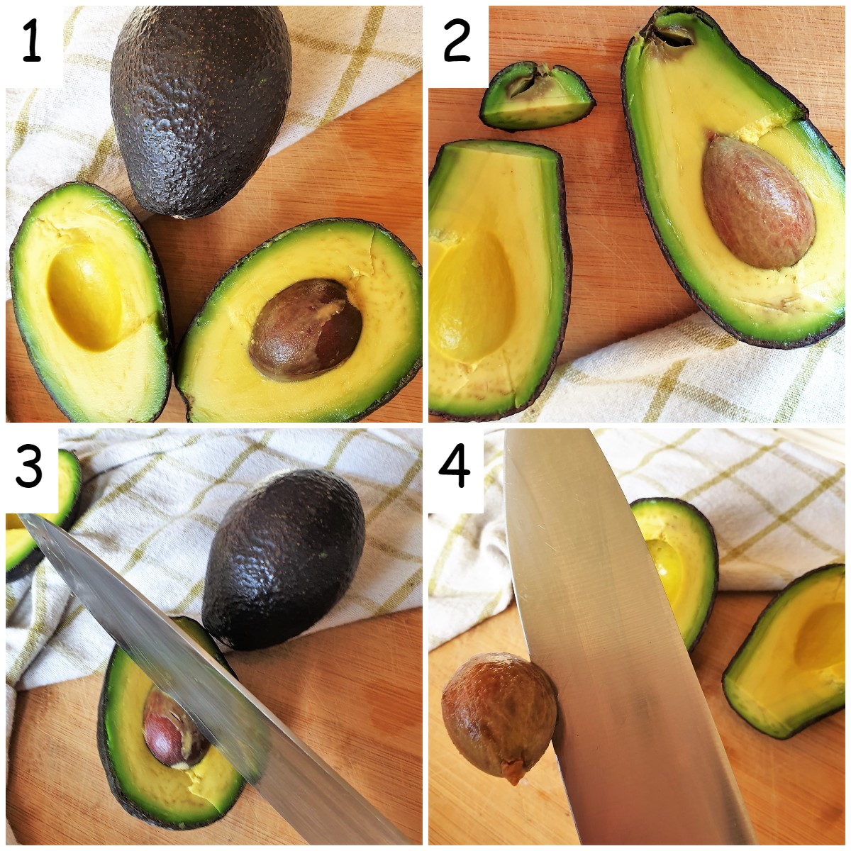 A collage of 4 images showing how to remove the pip from the avocado.