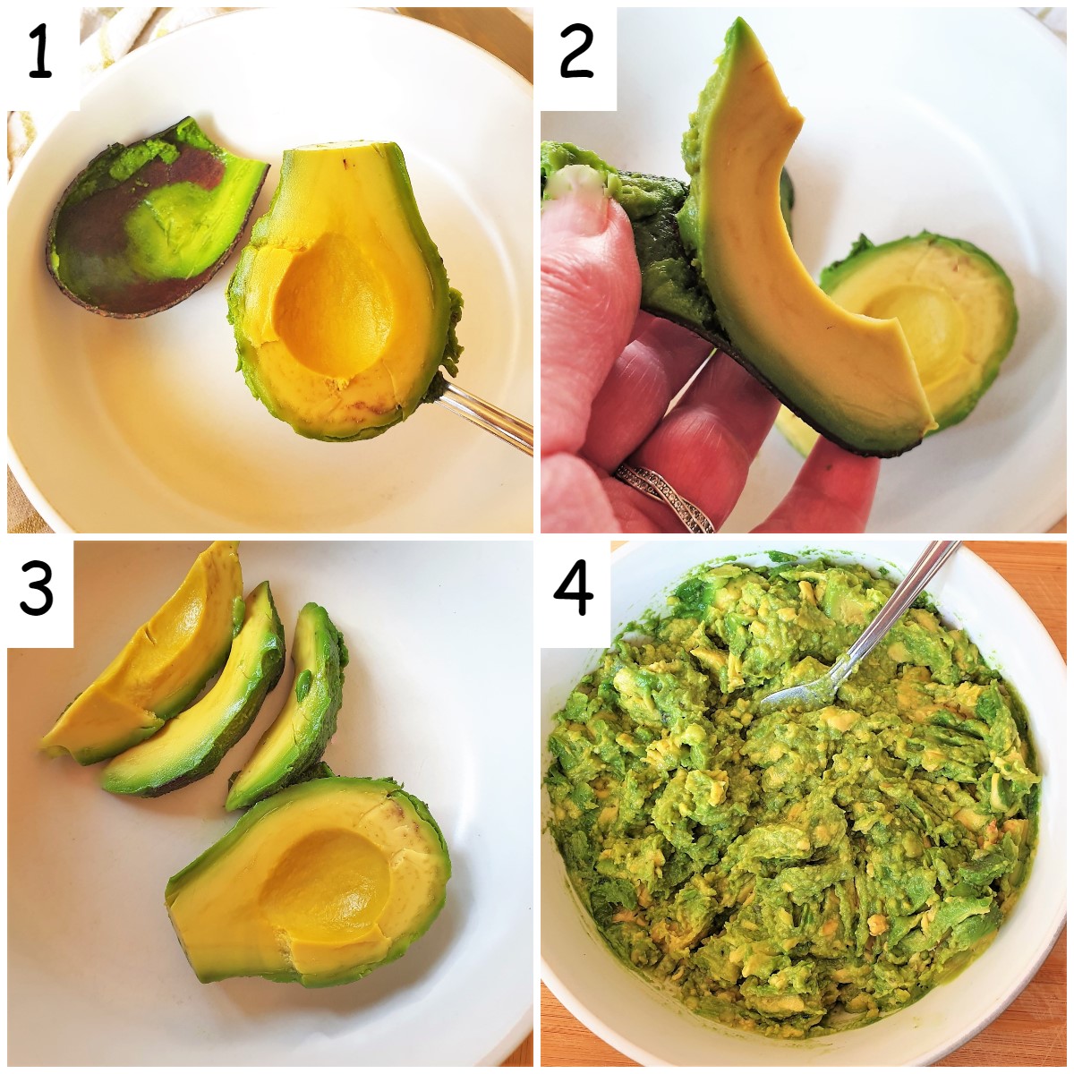 A collage of 4 images showing how to remove the skin from the avocado.