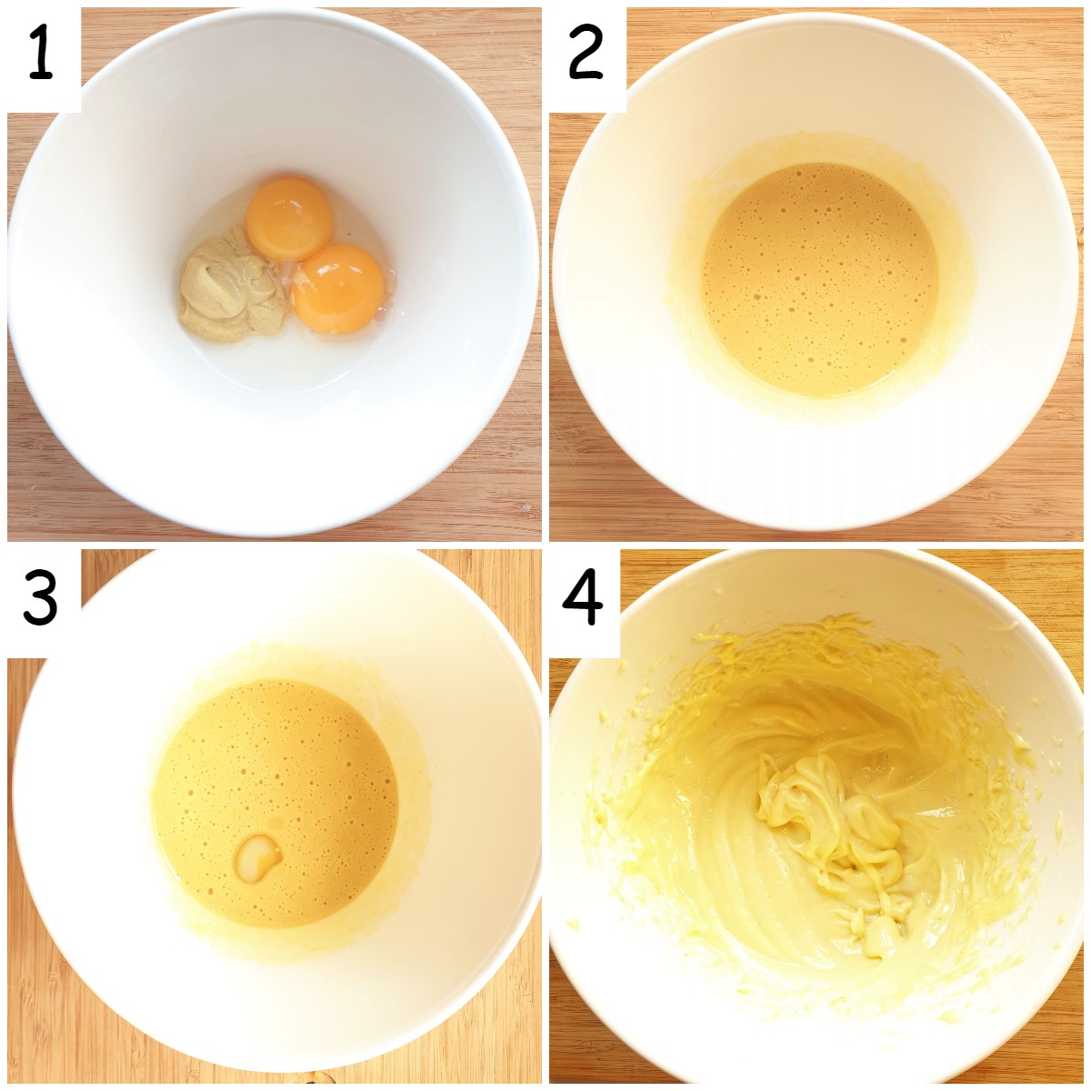 Four images showing steps for making mayonnaise.