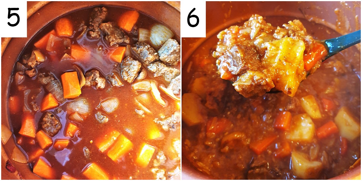 2 images showing the meat and vegetables stewing in a pan.