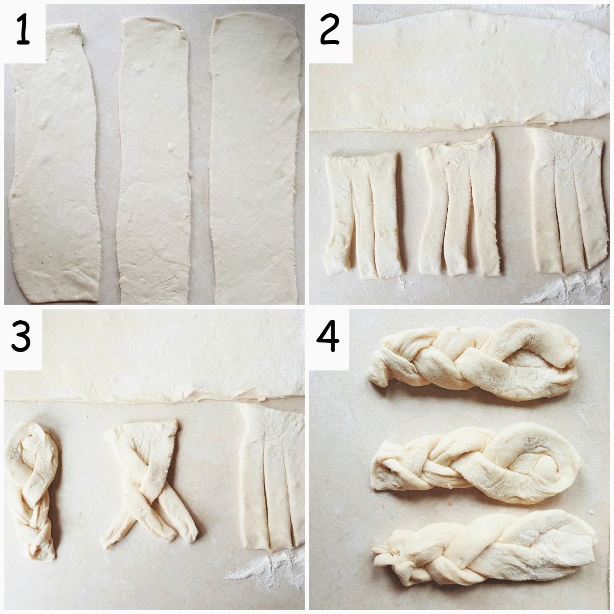 A collage of 4 images showing steps for rolling, cutting and braiding the koeksister dough.