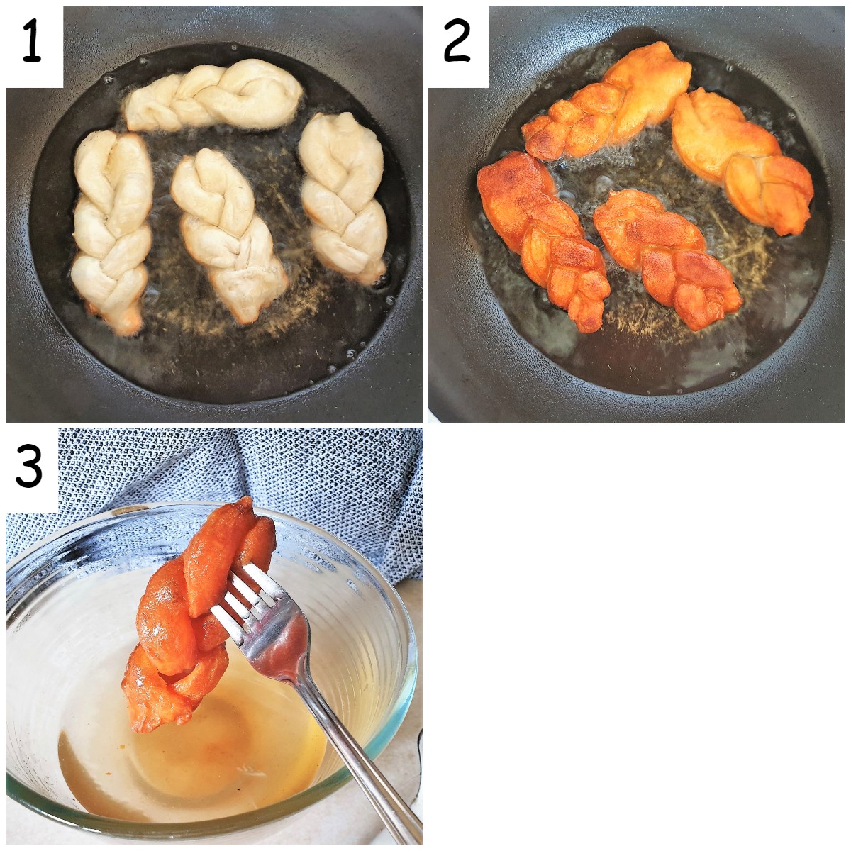 A collage of 3 images showing steps for frying and dunking the koeksisters.