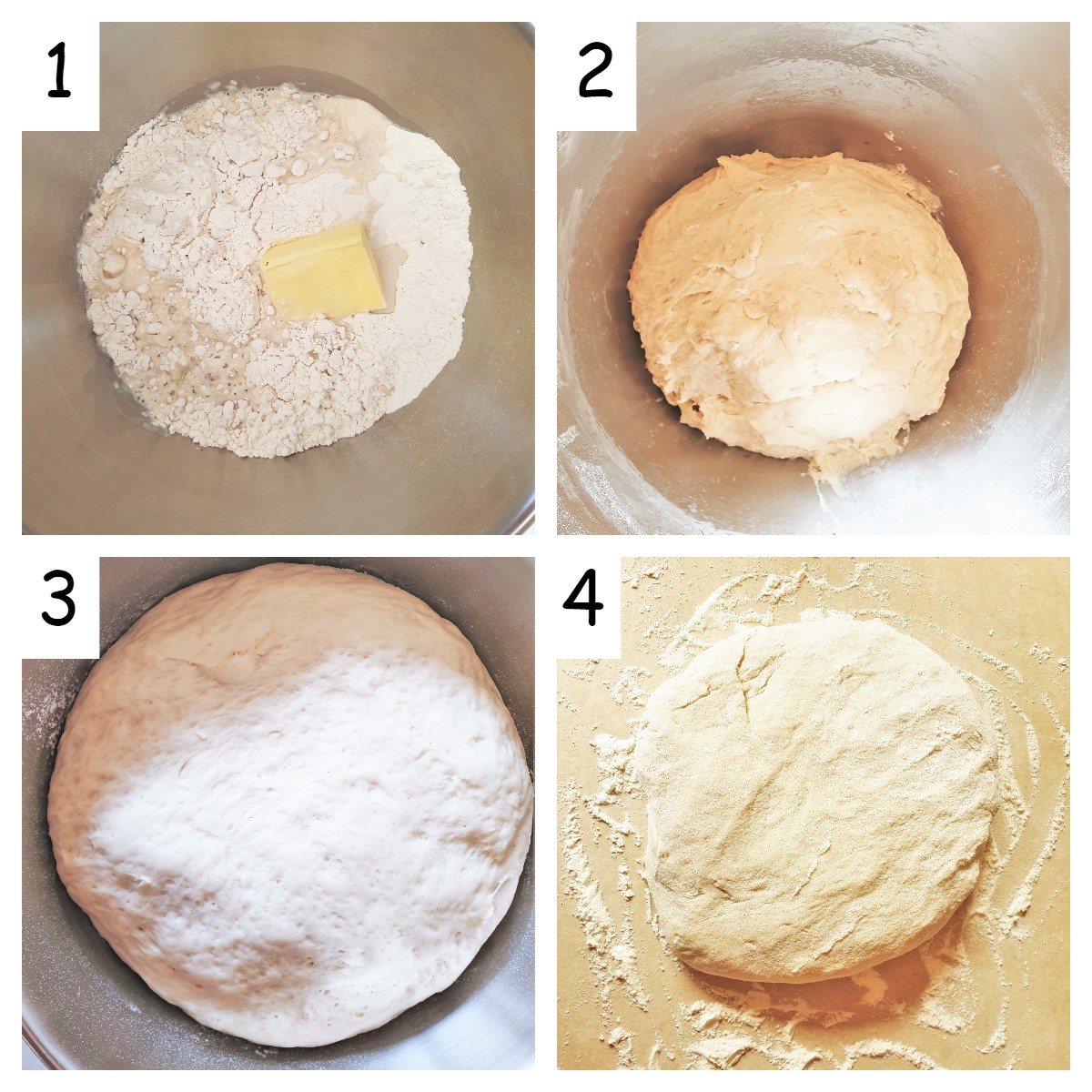 A collage of 4 images showing steps for mixing the Portuguese rolls.