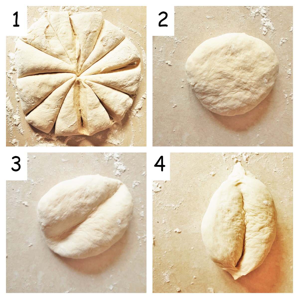 Collage of 4 images showing steps for forming the portuguese rolls.