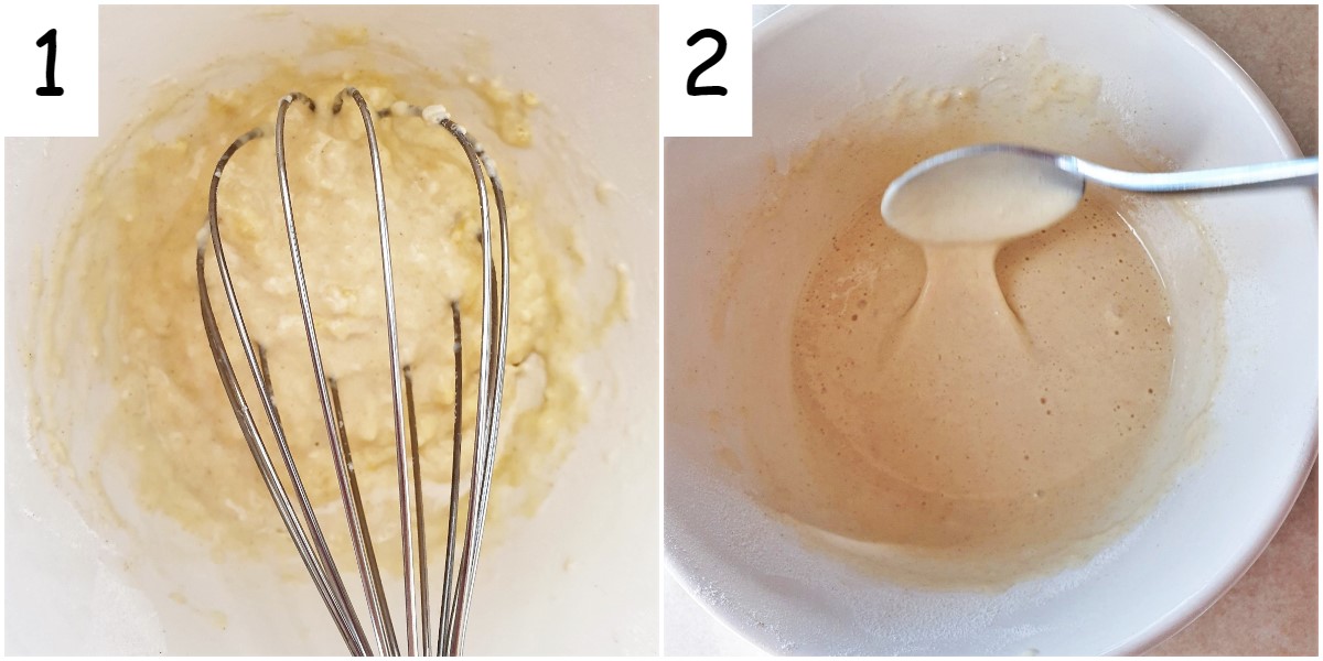 Two images showing steps for mixing the batter.