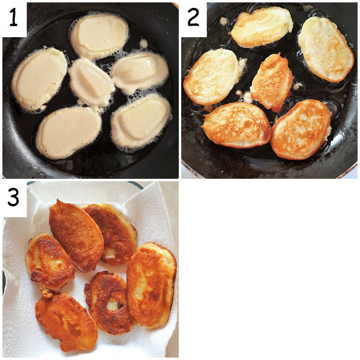 3 images showing steps for frying the scalloped potatoes.