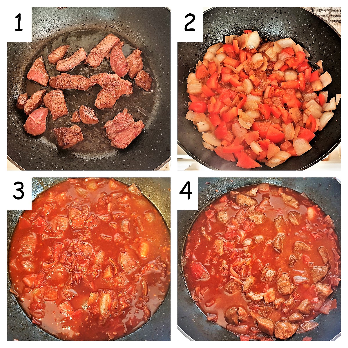 Collage of 4 images showing steps for making the trinchado gravy.