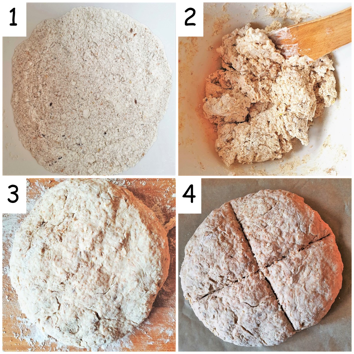 Four images showing how to make wholemeal bread.